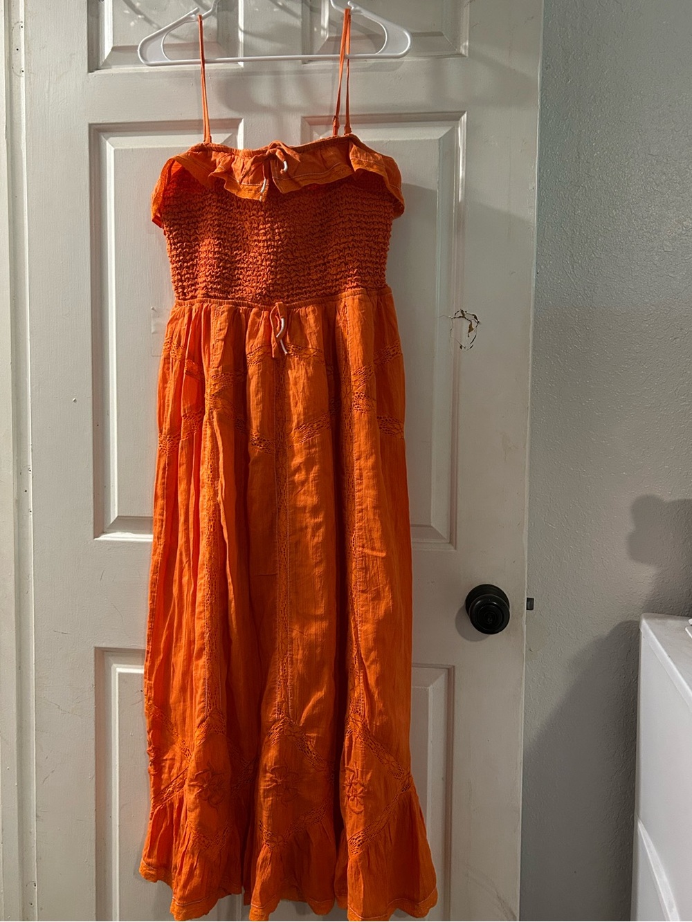 Free People Orange Smocked Maxi Dress with Ruffle Neckline